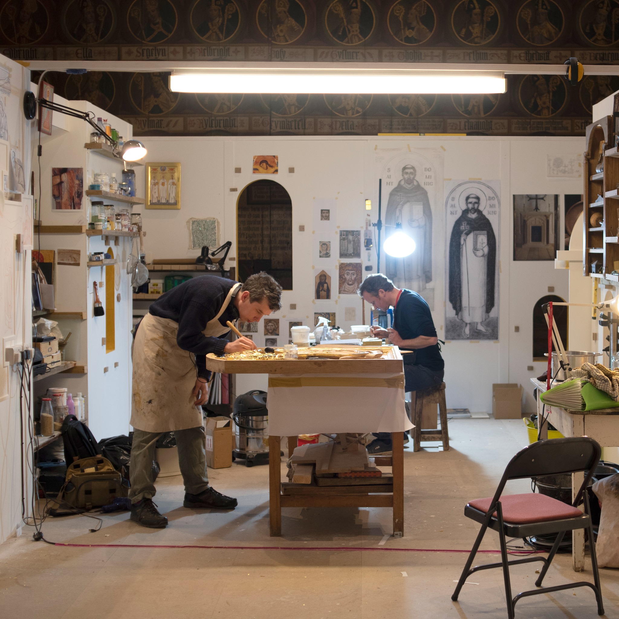 James Blackstone and Martin Earle working in the temporary studio in the North Transept