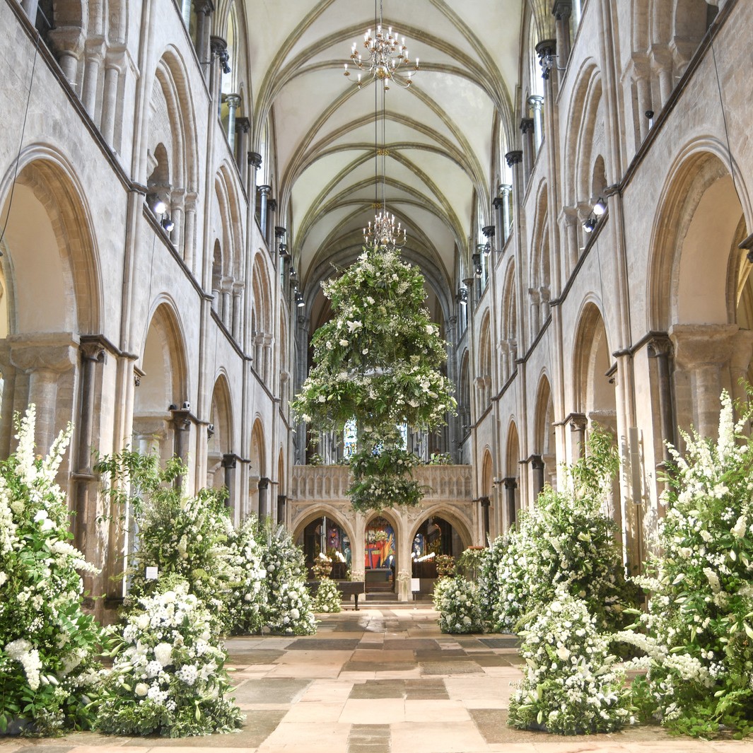 Nave during 2024's Festival of Flowers, white floral arrangements
